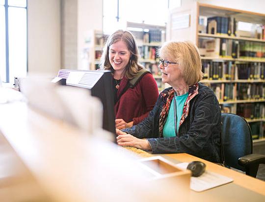 Patron and librarian looking at computer