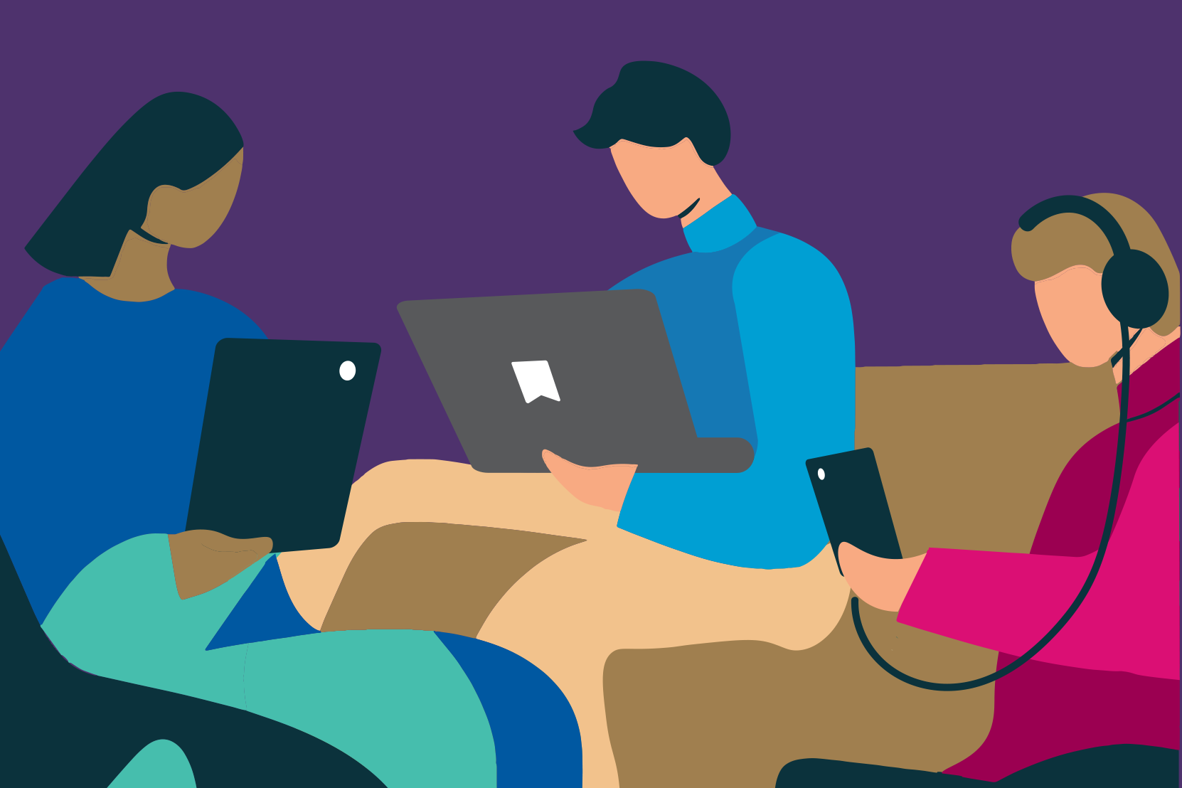 Graphic illustrated images of three people sitting on a couch, one on a laptop, one on a tablet, one on a phone with headphones