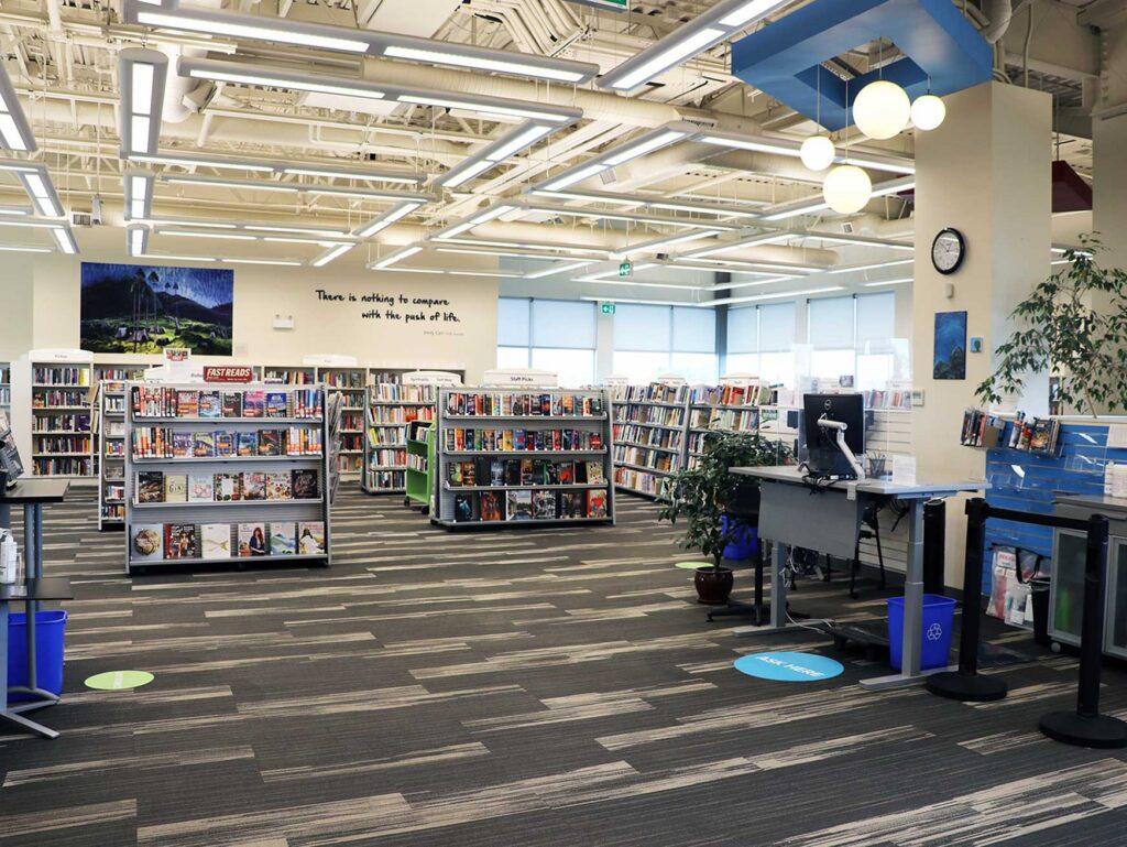 Interior shot of book stacks at Emily Carr branch