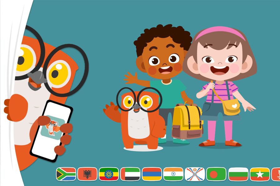Cartoon graphic of children ready for travel with international flags running along the bottom.