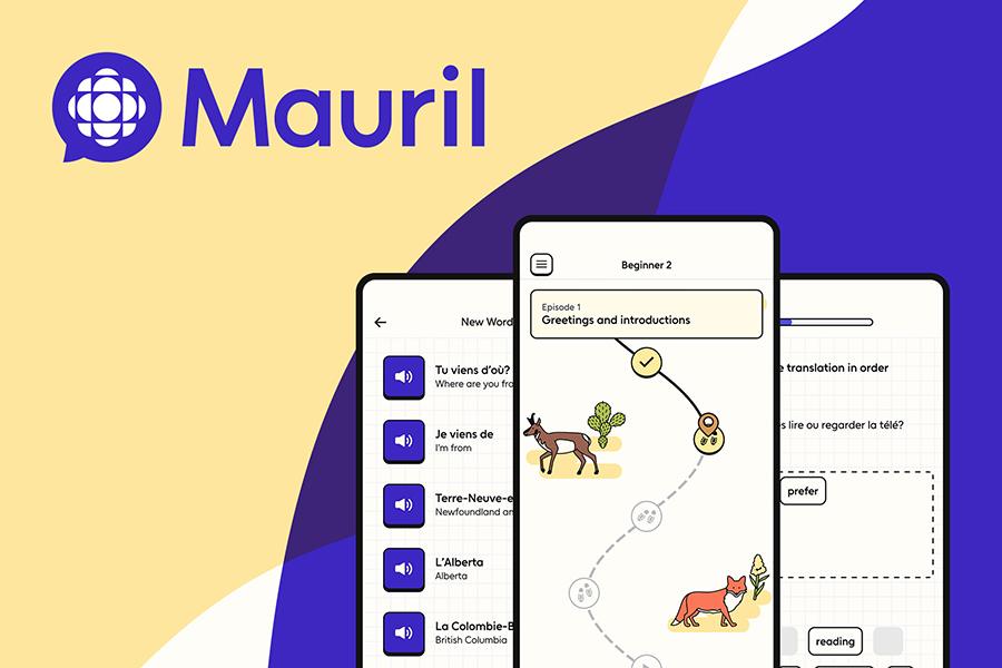 CBC Mauril logo with examples of interactive language learning graphics displayed on devices.