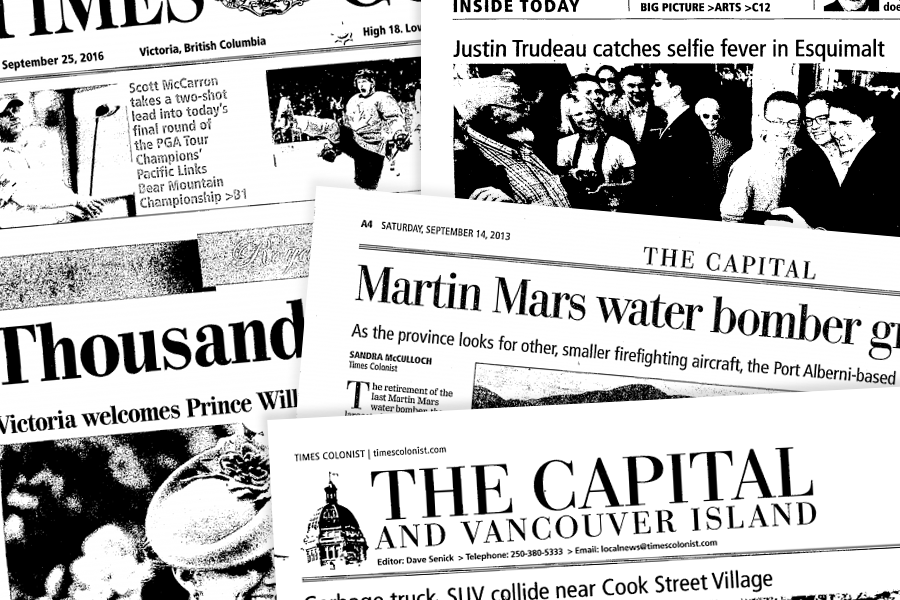 Stacked featured headlines from past Times Colonist newspaper front pages.
