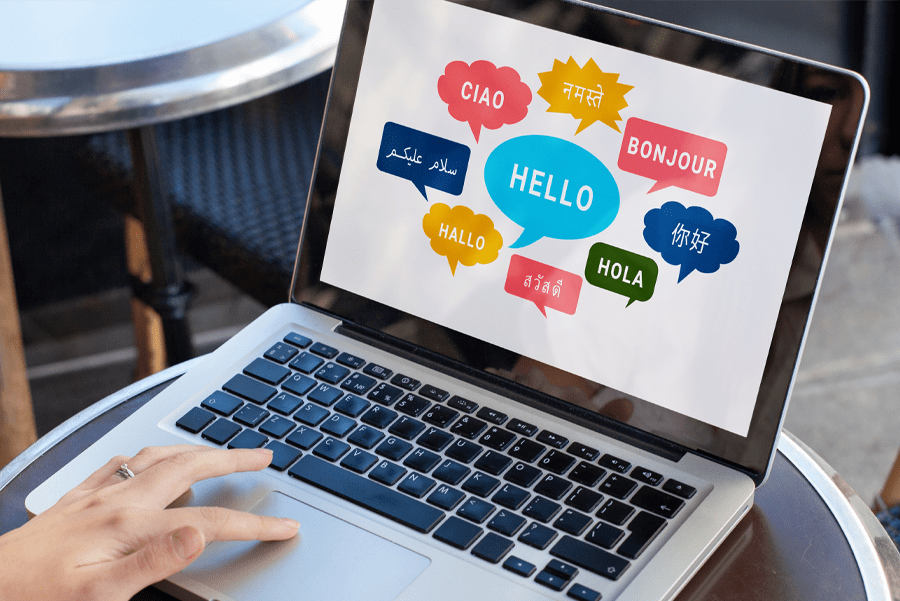 Computer screen with speech bubbles in different languages