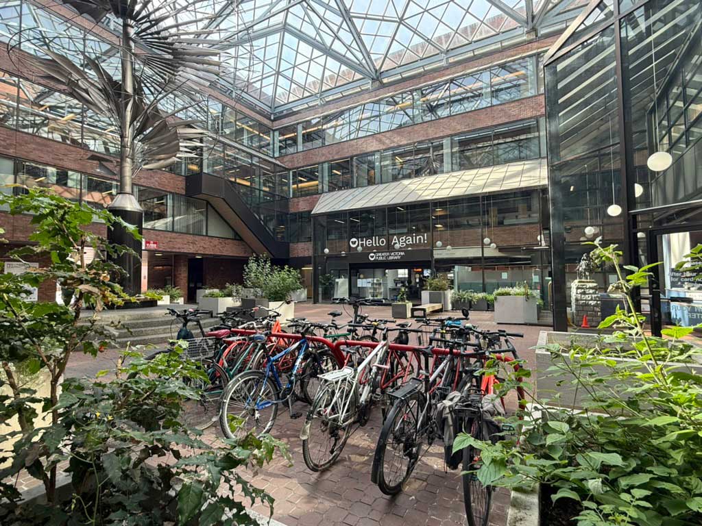 Central Branch Courtyard with bike rack in the foreground,