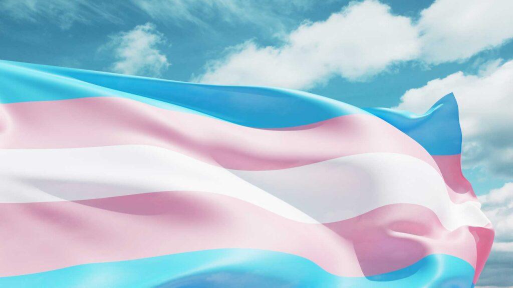 Trans flag billowing in the sky with three different horizontal colours repeating.